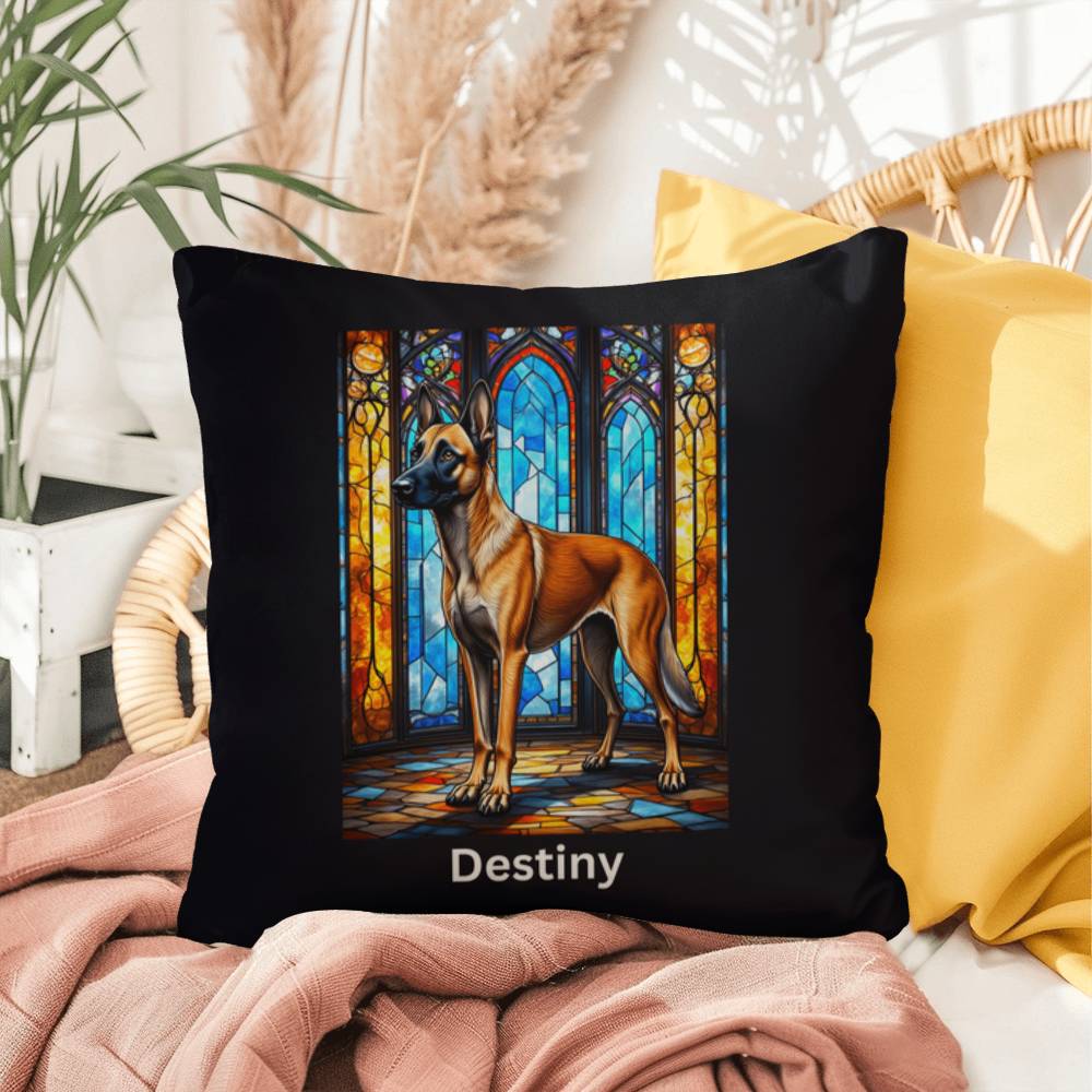 Belgian Malinois (Mahogany) Indoor/Outdoor Pillow - Personalized Stained Glass Dog Tribute & Comfort Gift
