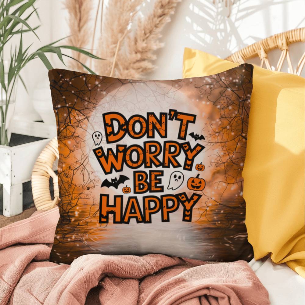 Skeleton-themed Halloween indoor/outdoor pillow with “Don’t Worry Be Happy” for mental health encouragement