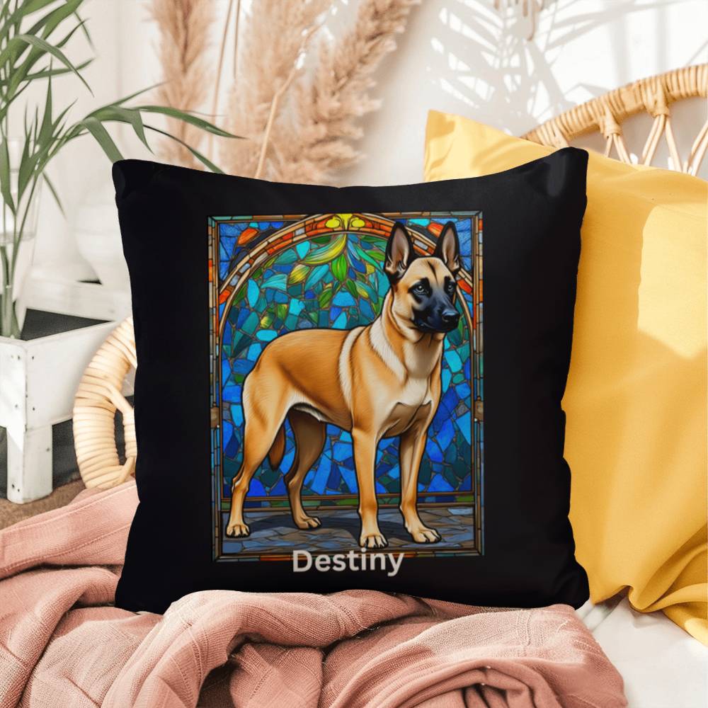 Belgian Malinois (Cream Sable) Indoor/Outdoor Pillow - Personalized Stained Glass Dog Tribute & Comfort Gift
