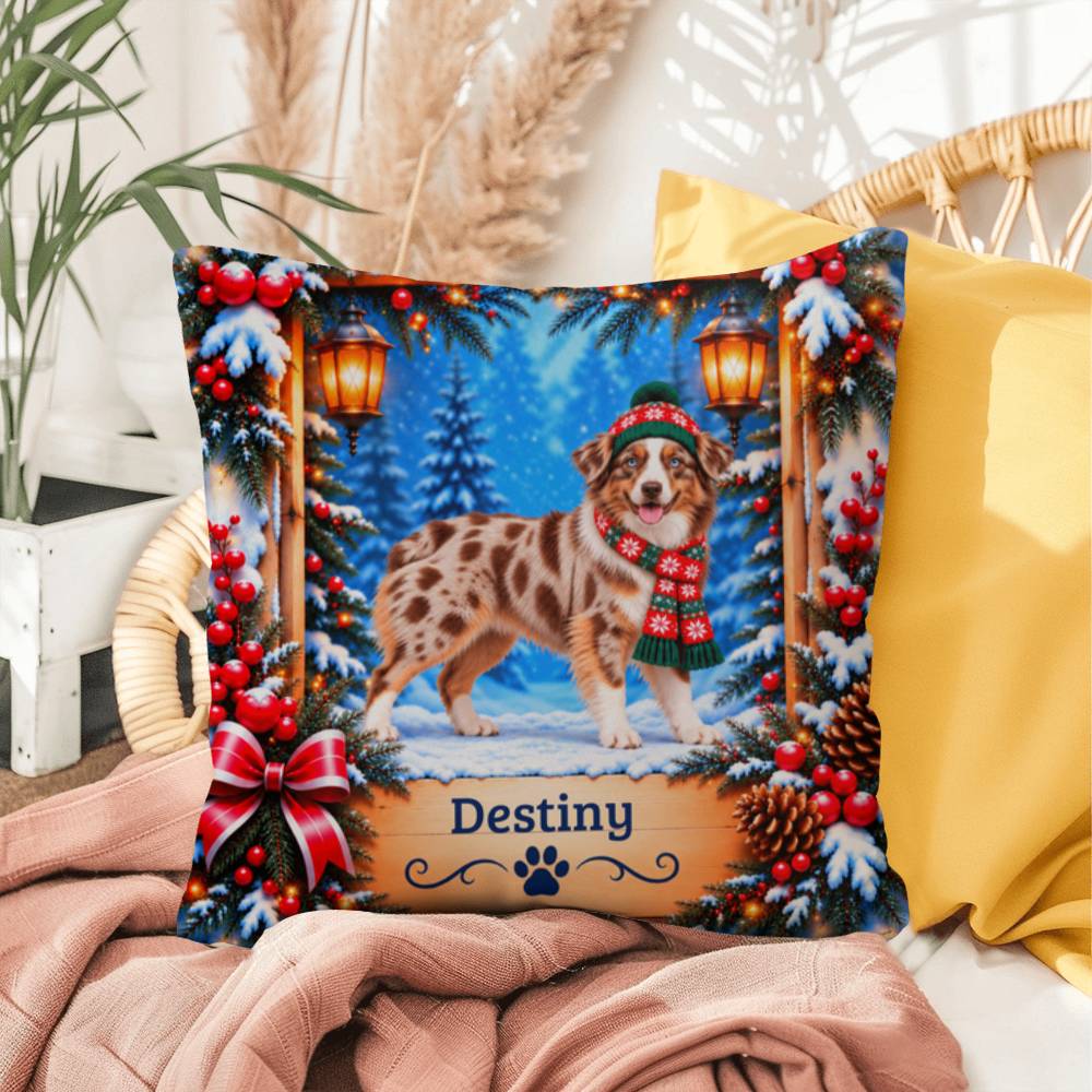 Australian Shepherd (Red Merle Tri, Blue Eyes) - Personalized Throw Pillow, Cozy Winter Dog Gift