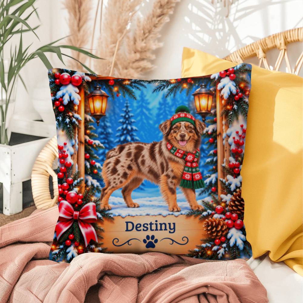 Australian Shepherd (Red Merle & Copper Bi Coat) - Personalized Aussie Name Pillow, Winter Gift