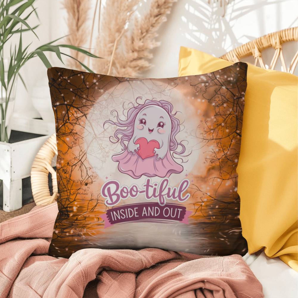 Halloween indoor/outdoor pillow with a cute ghost and “Boo-tiful” for mental health and seasonal charm