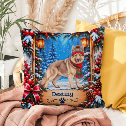German Shepherd (Isabella Coat) - Personalized Woodland Throw Pillow, Custom Dog Name Winter Gift