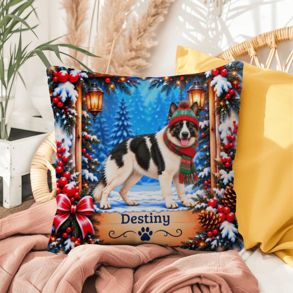 German Shepherd (White & Black Coat) - Personalized Dog Name Pillow, Snowy Winter Home Decor