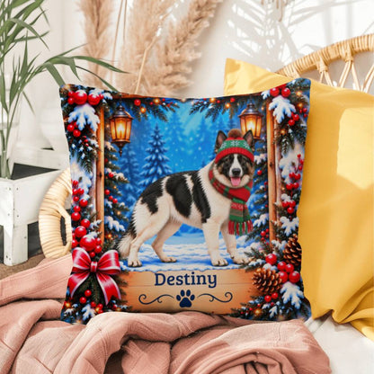 German Shepherd (White & Black Coat) - Personalized Dog Name Pillow, Snowy Winter Home Decor