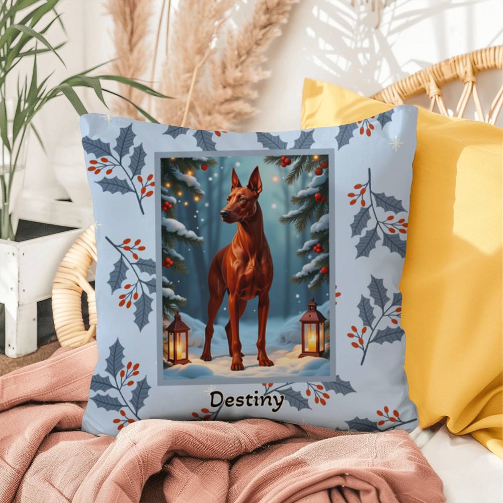 Doberman Red Pillow - Personalized winter dog throw pillow, Doberman home decor, festive accent