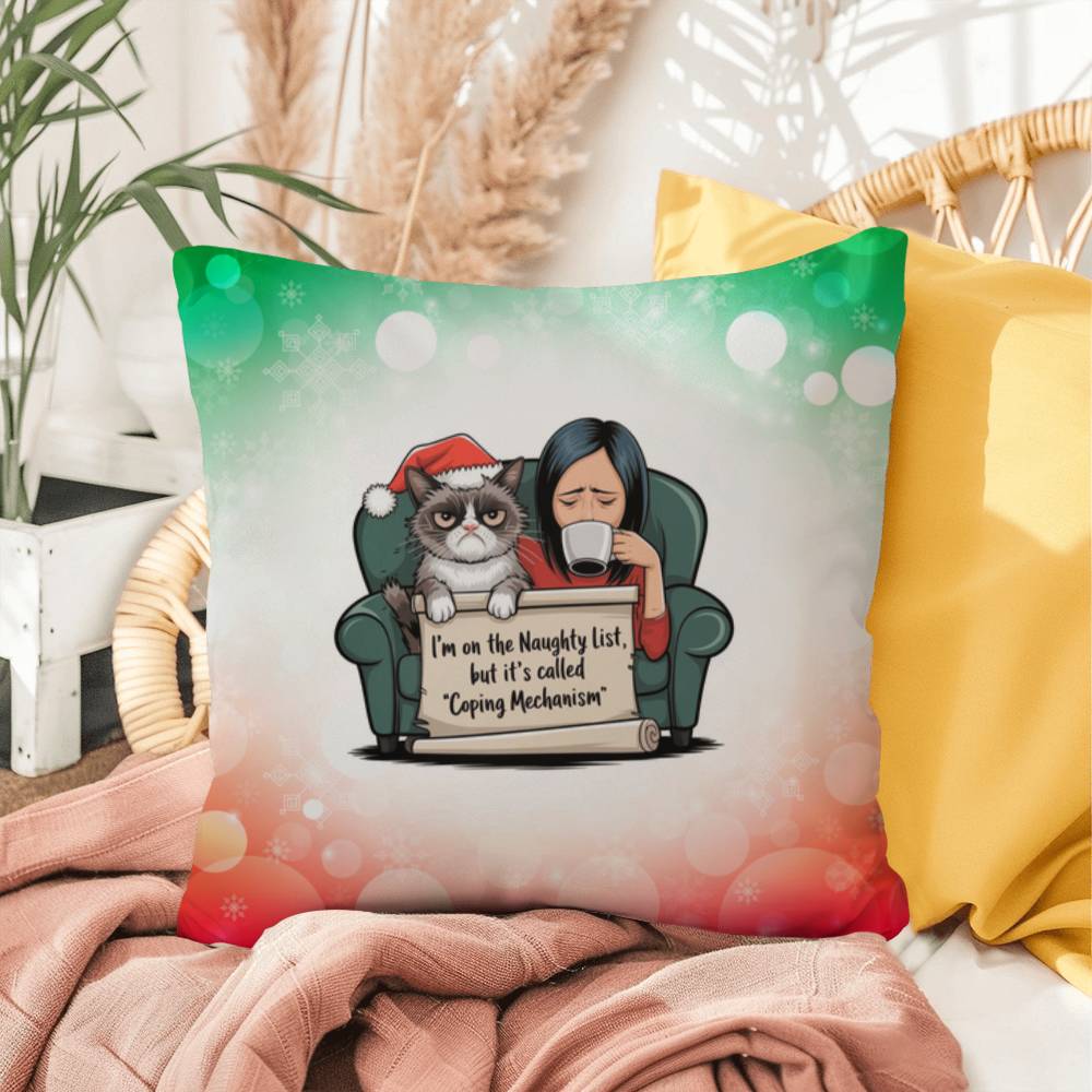 I’m on the Naughty List (Woman and Cat) Throw Pillow - Christmas humor gift pillow for home