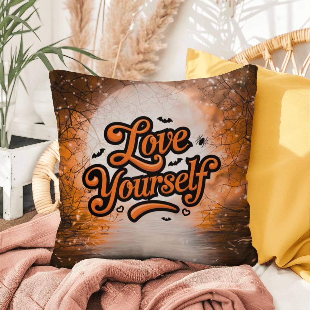 Halloween indoor/outdoor pillow with “Love Yourself” for mental health and self-love décor