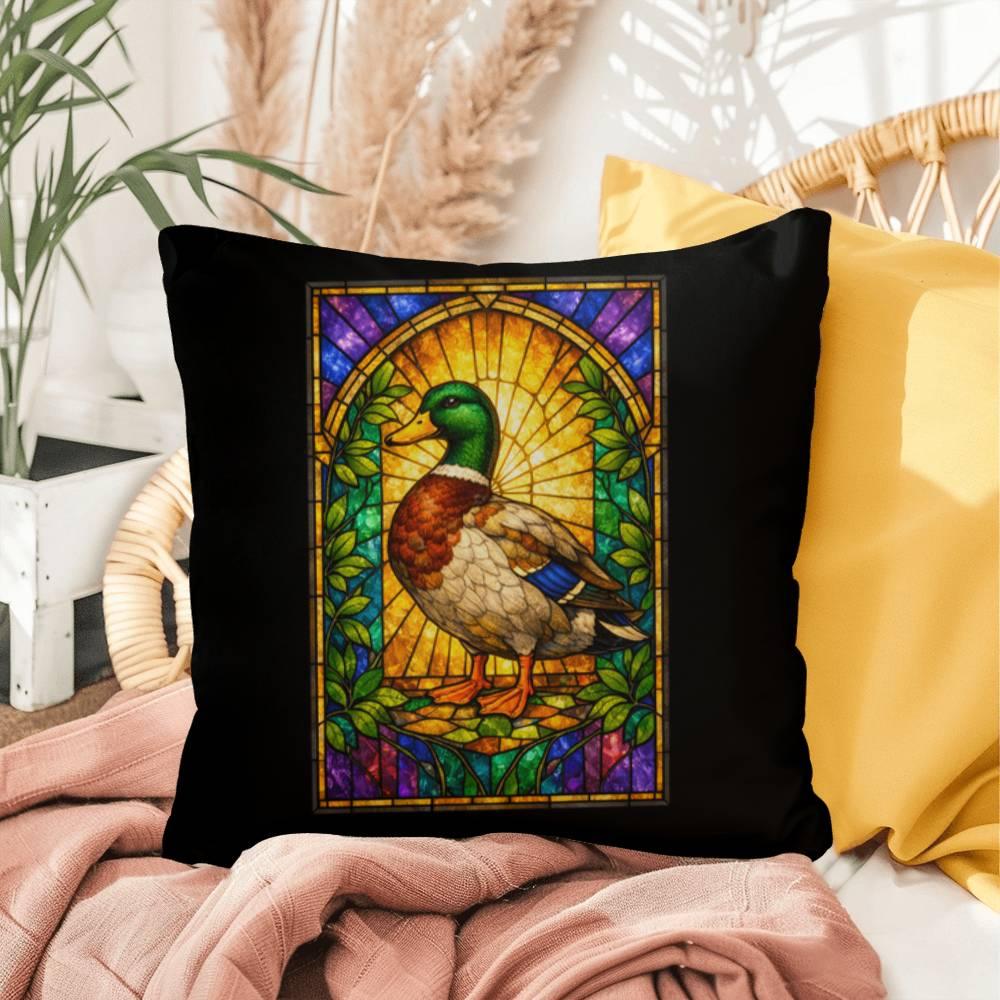 Shop our premium duck stained glass style throw pillow from MySisterIsASurvivor.