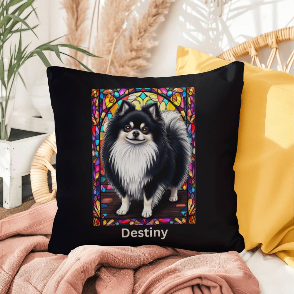 Pomeranian (Black and White) Indoor/Outdoor Pillow - Personalized Stained Glass Dog Tribute & Comfort Gift