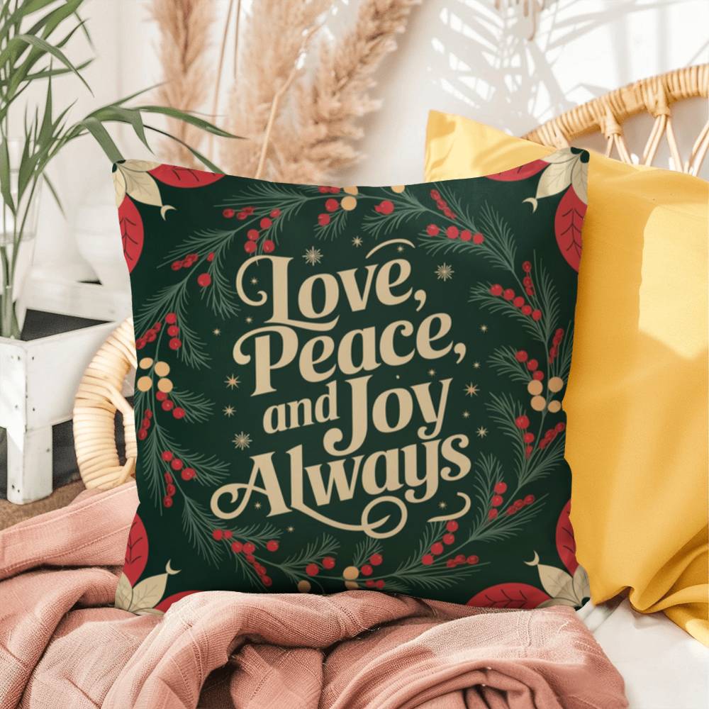 Love, Peace, and Joy Always Throw Pillow - Calm Christmas décor for mindfulness and comfort