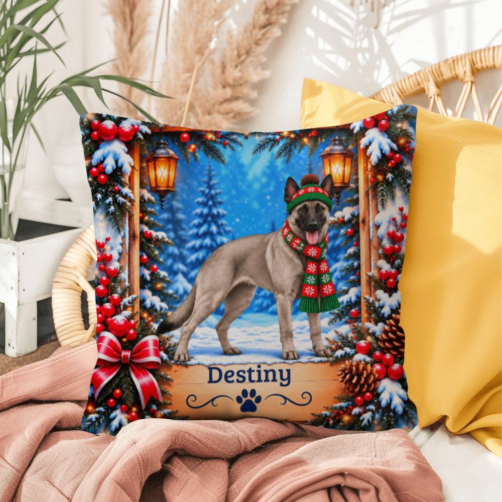 Belgian Malinois (Gray Coat) - Personalized Winter Forest Pillow, Indoor Outdoor Dog Name Gift
