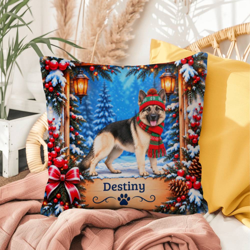 German Shepherd (Black & Cream Coat) - Personalized Winter Throw Pillow, Cozy Dog Name Gift