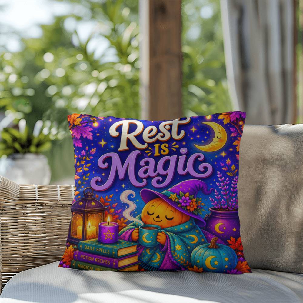 Rest Is Magic Halloween Throw Pillow - Self Care Pumpkin Witch Moon Pillow
