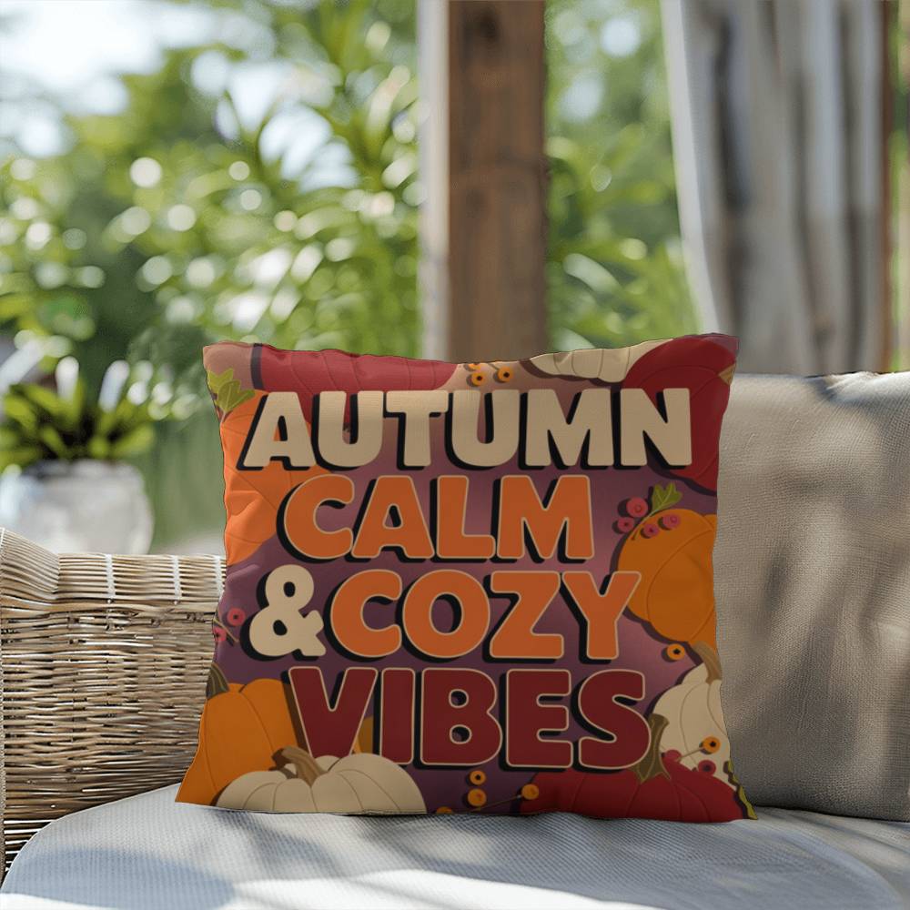 Autumn Calm & Cozy Vibes throw pillow in bright fall colors with mindful quote for Thanksgiving home décor