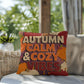 Autumn Calm & Cozy Vibes throw pillow in bright fall colors with mindful quote for Thanksgiving home décor