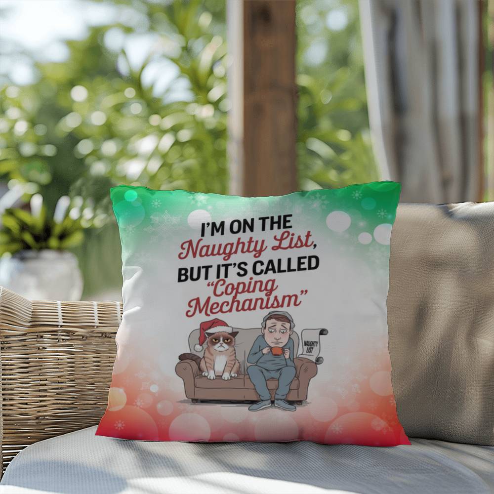 I’m on the Naughty List (Man and Cat) Throw Pillow - Christmas humor indoor decorative pillow