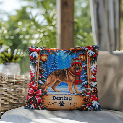 German Shepherd (Gold Sable Coat) - Personalized Cozy Lodge Pillow, Winter Dog Name Gift