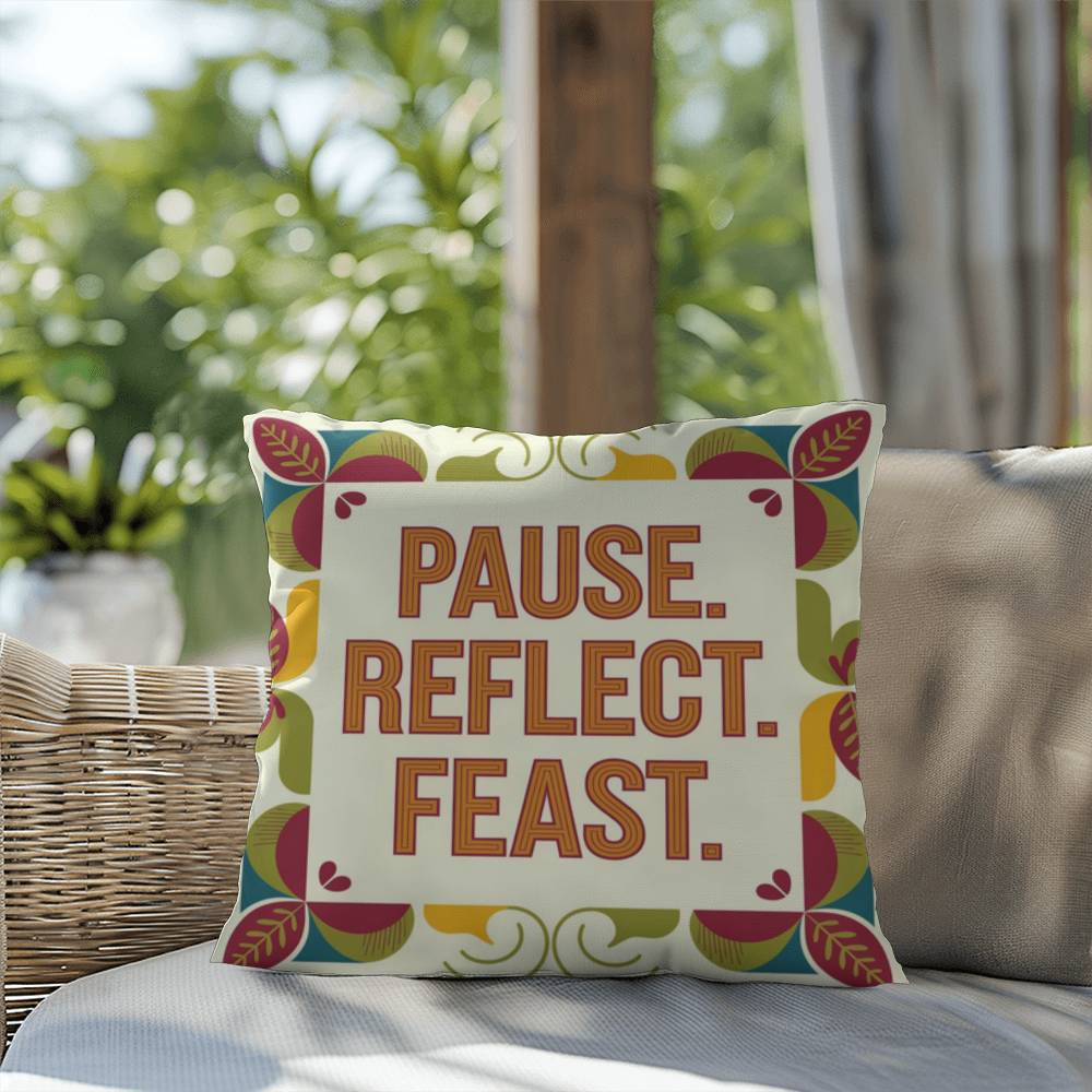 Pause. Reflect. Feast. pillow featuring Thanksgiving gratitude quote and cozy autumn home décor