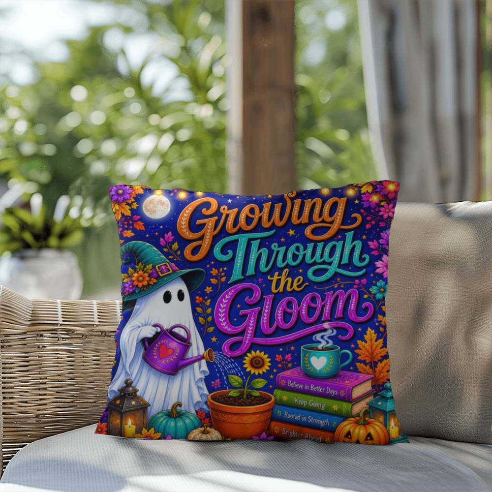 Growing Through The Gloom Halloween Throw Pillow - Trauma Recovery Survivor Gift