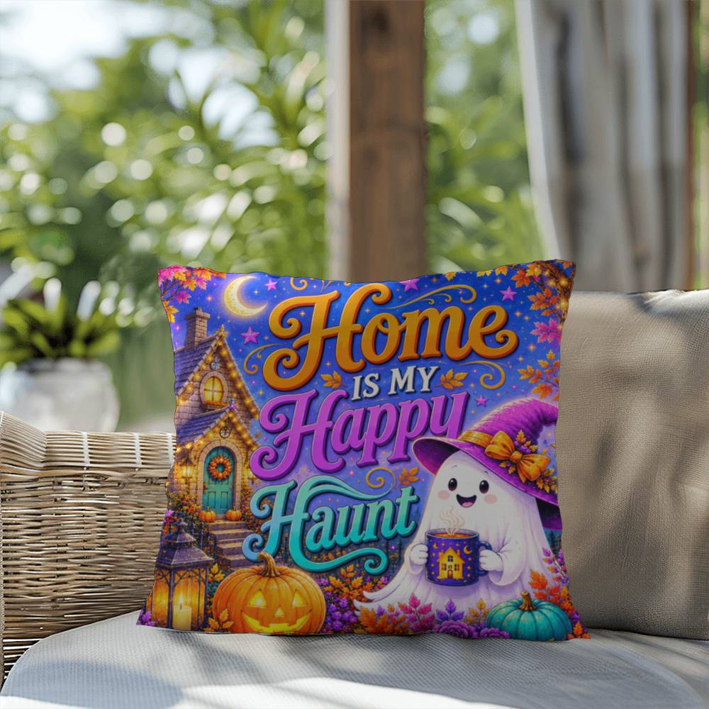 Home Is My Happy Haunt design with cozy ghost house artwork on a Halloween throw pillow