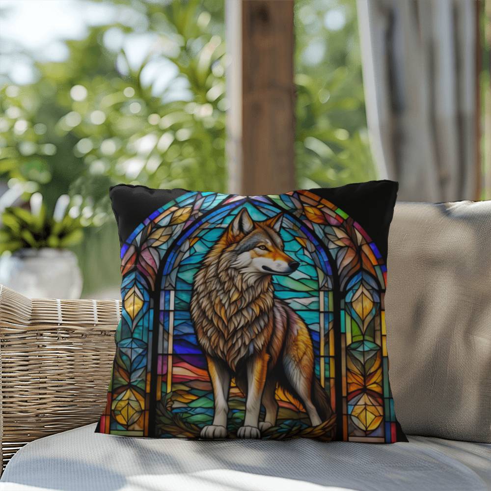 Wolf stained glass throw pillow, forest wildlife decor, indoor outdoor cozy home accent