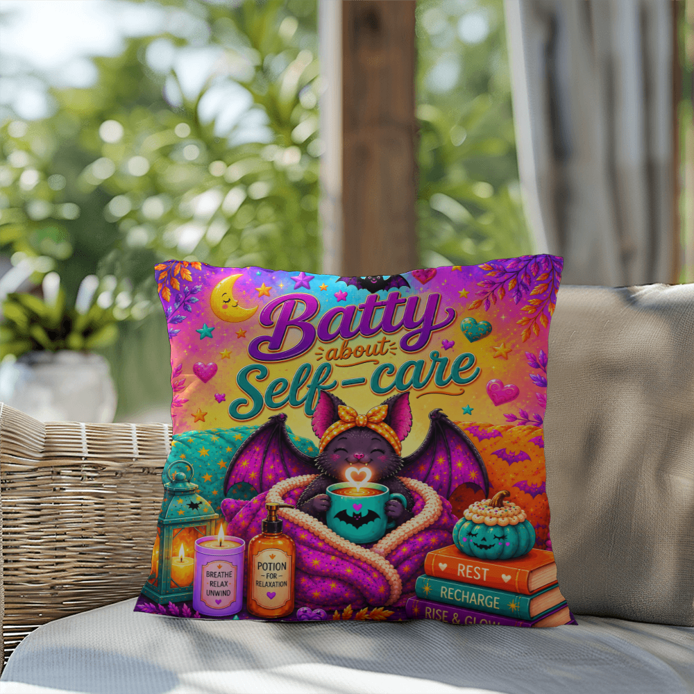 Batty About Self-Care quote with smiling bat illustration on a Halloween pillow focused on daily wellness