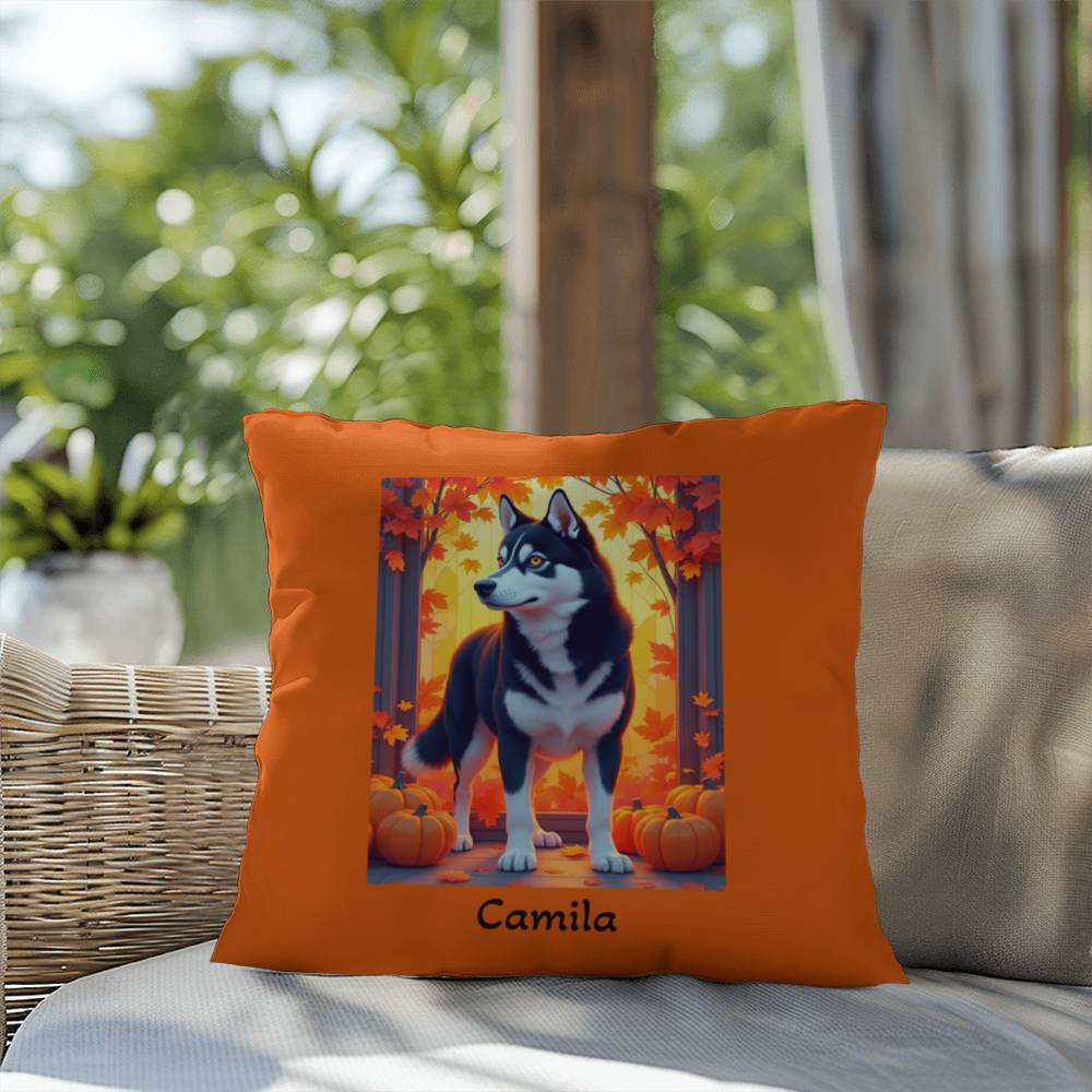 Siberian Husky Black & White Coat (Amber Eyes) Pillow, Indoor Outdoor Dog Cushion, Personalized