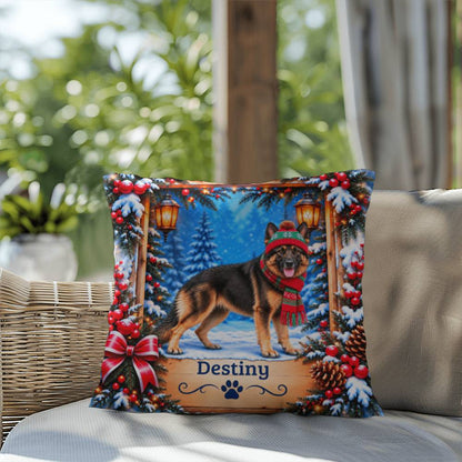 German Shepherd (Bi-Color Coat) - Personalized Winter Lodge Cushion, Custom Dog Name Throw Pillow