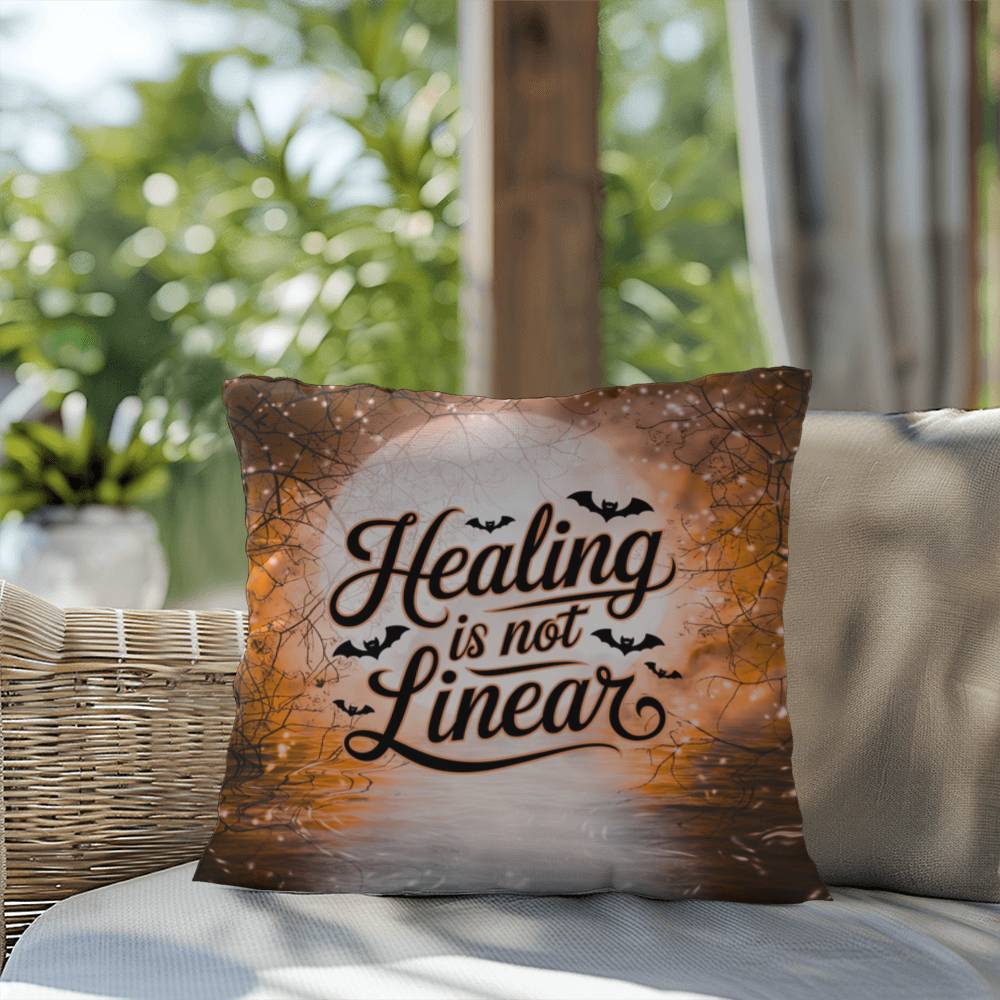 Mental health indoor/outdoor pillow with “Healing Is Not Linear” for self-care and positivity