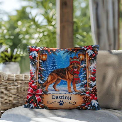 German Shepherd (Red Sable Coat) - Personalized Rustic Winter Pillow, Dog Name Gift for GSD Lovers