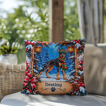 Doberman (Black & Rust Coat) - Personalized Lodge Pillow, Custom Dog Name Winter Decor