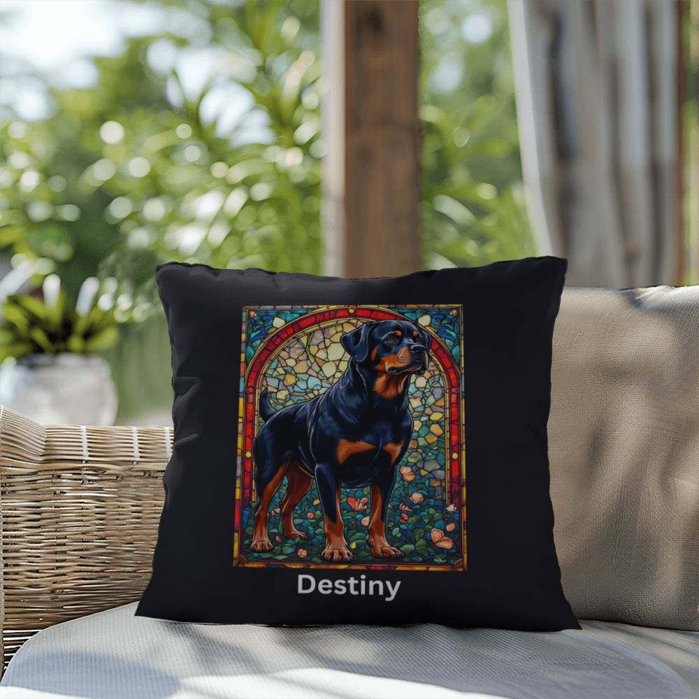 Rottweiler (Black and Mahogany) Indoor/Outdoor Pillow - Personalized Stained Glass Dog Tribute & Comfort Gift