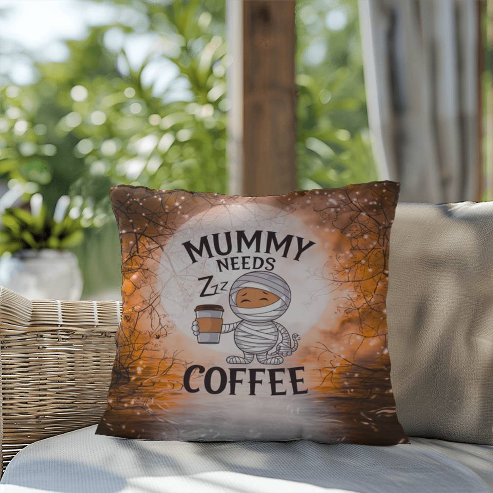 Halloween indoor/outdoor pillow with “Mummy Needs Coffee” for spooky humor and décor