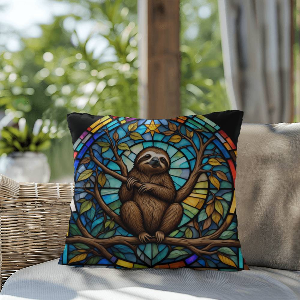 Sloth stained glass throw pillow, jungle animal decor, indoor outdoor cozy home accent