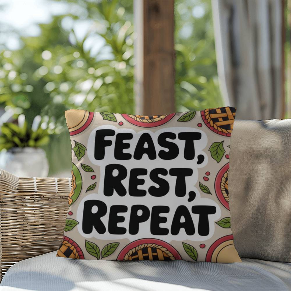 Feast, Rest, Repeat pillow featuring mindfulness message with cozy Thanksgiving and fall décor vibes