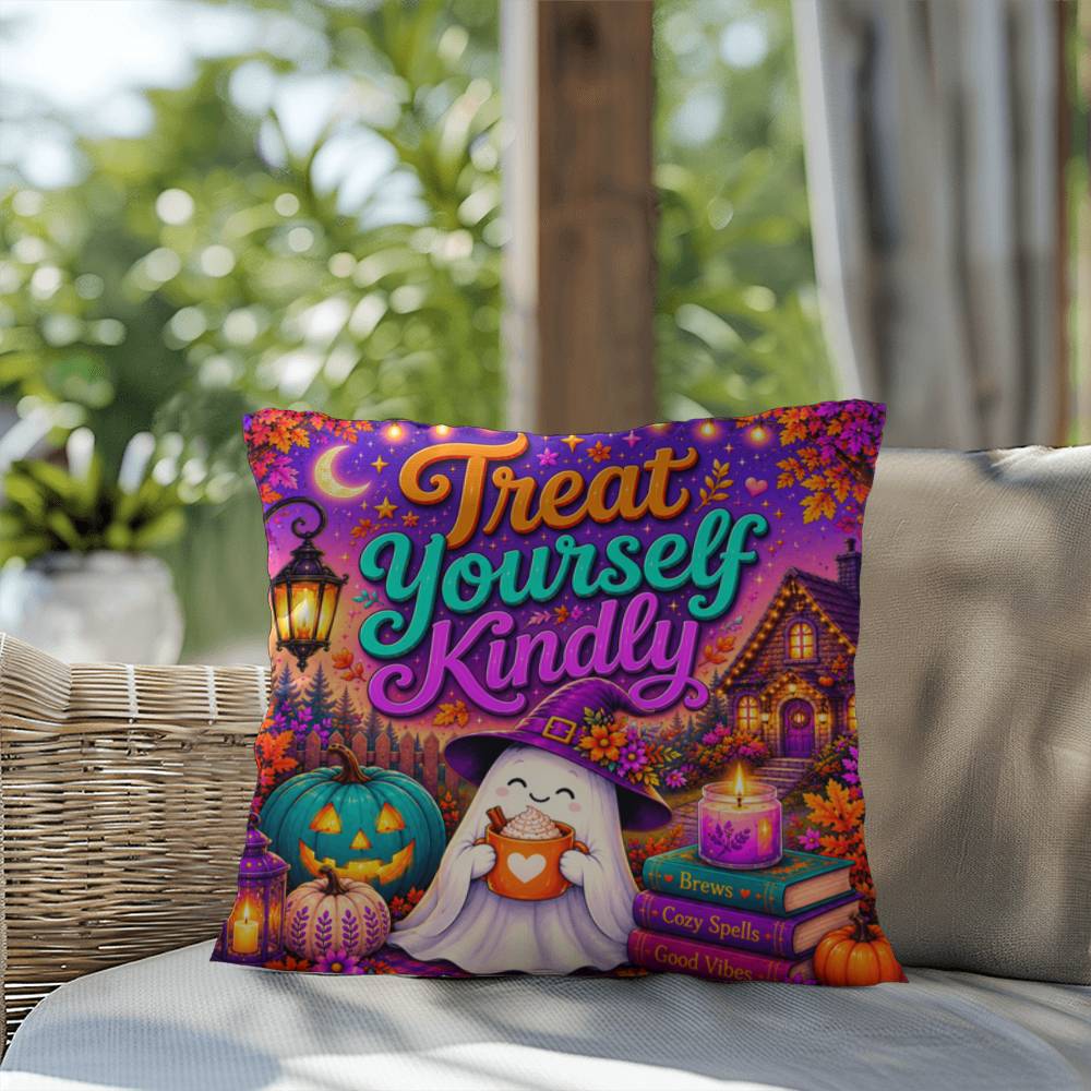 Treat Yourself Kindly message with self care inspired Halloween artwork on a decorative pillow