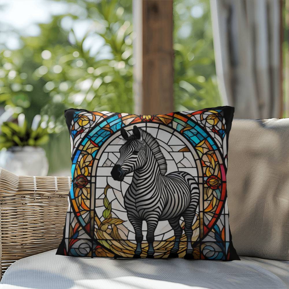Zebra stained glass throw pillow, safari wildlife home decor, indoor outdoor accent cushion