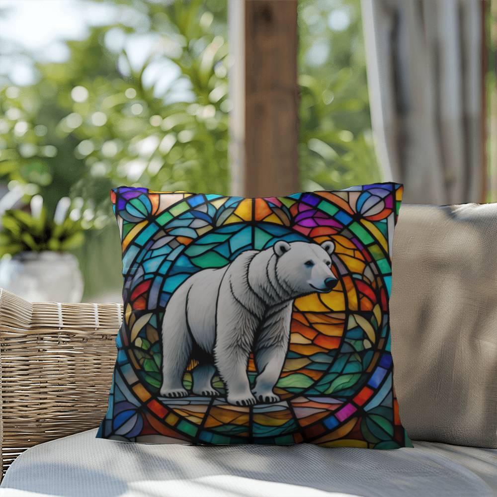 Polar Bear stained glass throw pillow, Arctic wildlife decor, indoor outdoor home accent