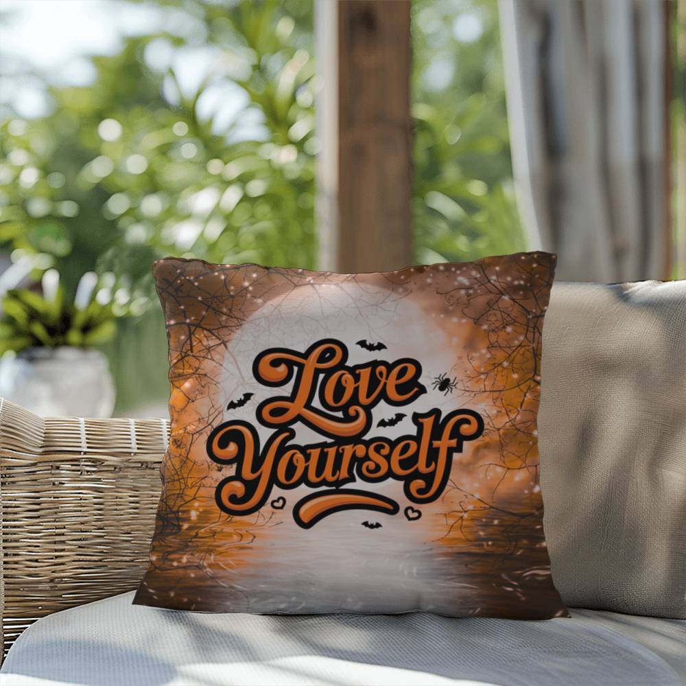Halloween indoor/outdoor pillow with “Love Yourself” for mental health and self-love décor