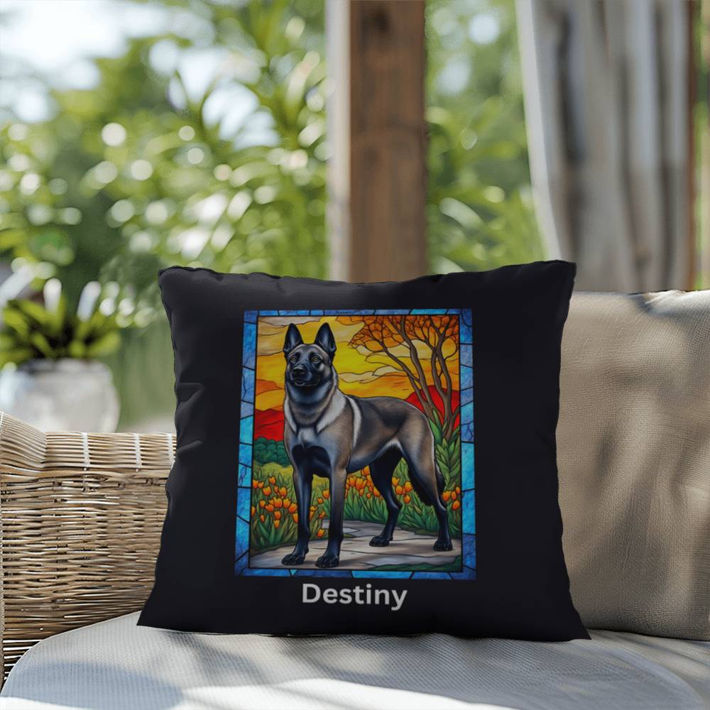 Belgian Malinois (Gray Sable) Indoor/Outdoor Pillow - Personalized Stained Glass Dog Tribute & Comfort Gift