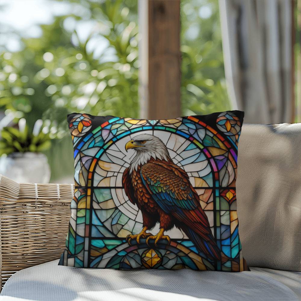 Eagle stained glass throw pillow, birds of prey wildlife decor, indoor outdoor home accent