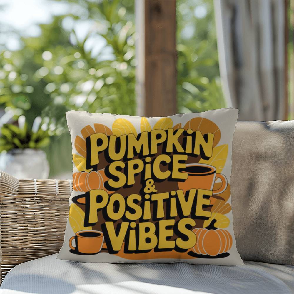 Pumpkin Spice & Positive Vibes pillow with autumn mindfulness message and cozy seasonal décor