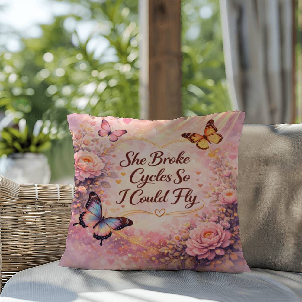 Shop our premium she broke cycles so i could fly throw pillow from MySisterIsASurvivor.