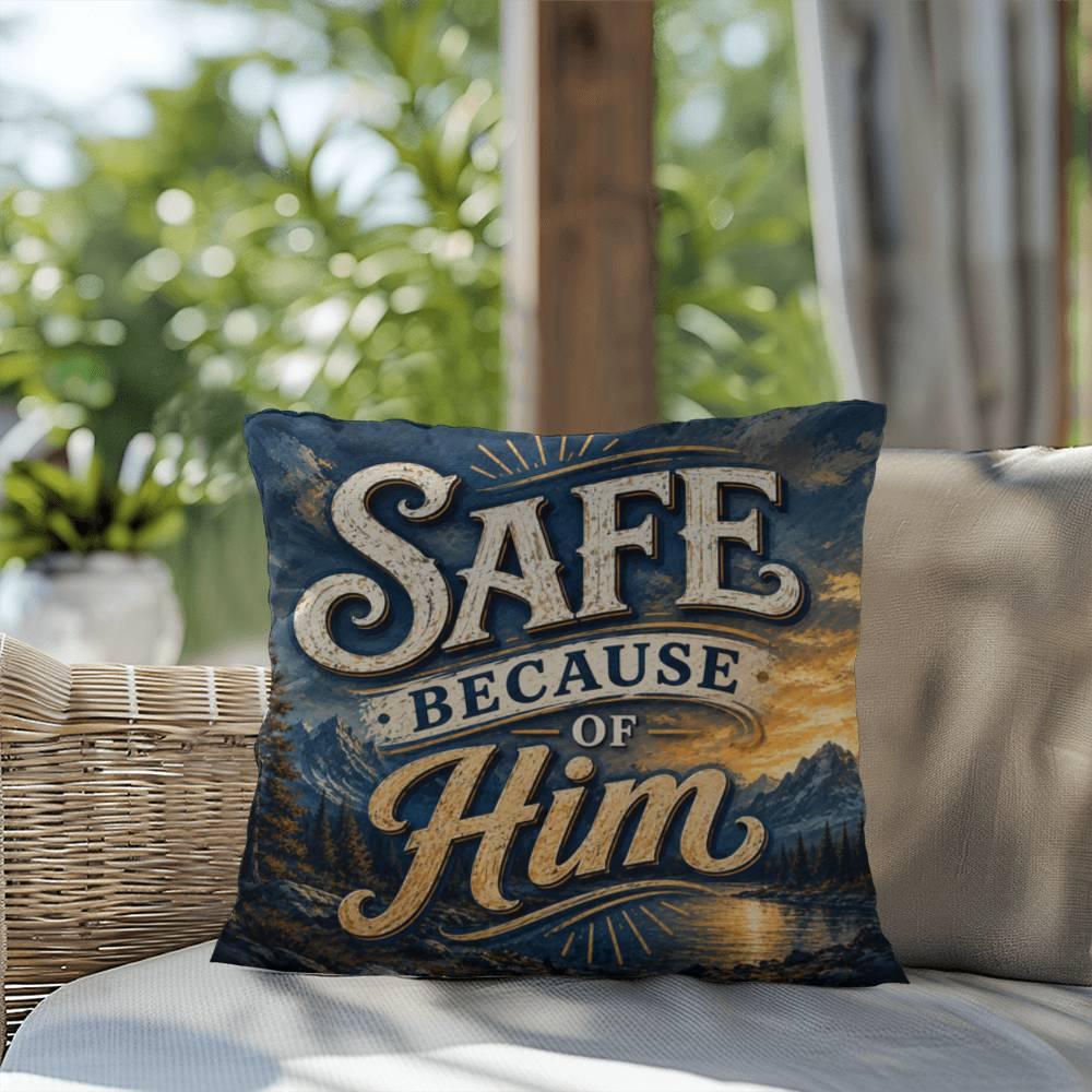 Shop our premium safe because of him throw pillow from MySisterIsASurvivor.