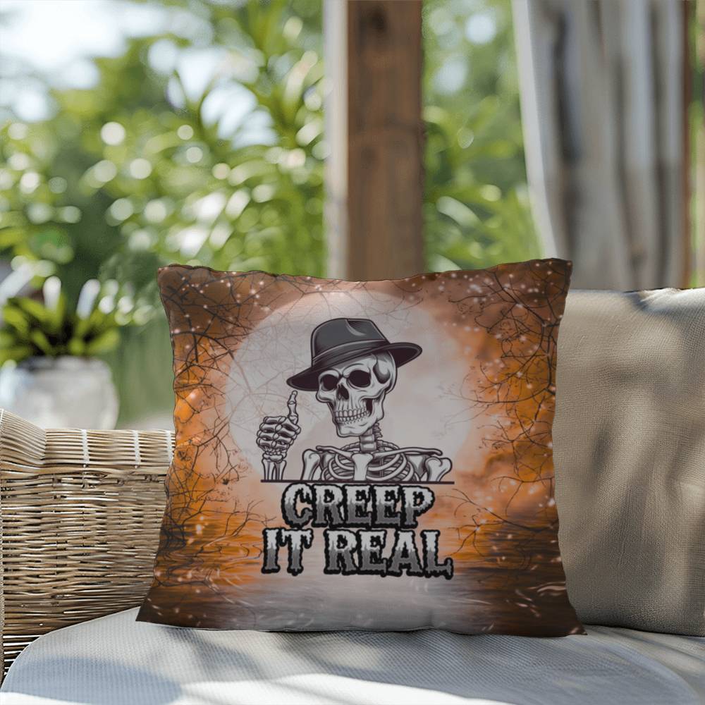 Funny Halloween indoor/outdoor pillow with “Creep It Real” for seasonal humor and décor
