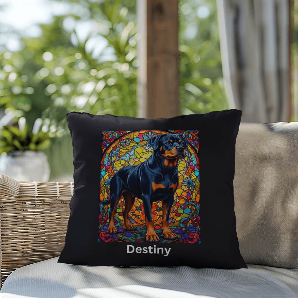 Rottweiler (Black and Rust) Indoor/Outdoor Pillow - Personalized Stained Glass Dog Tribute & Comfort Gift