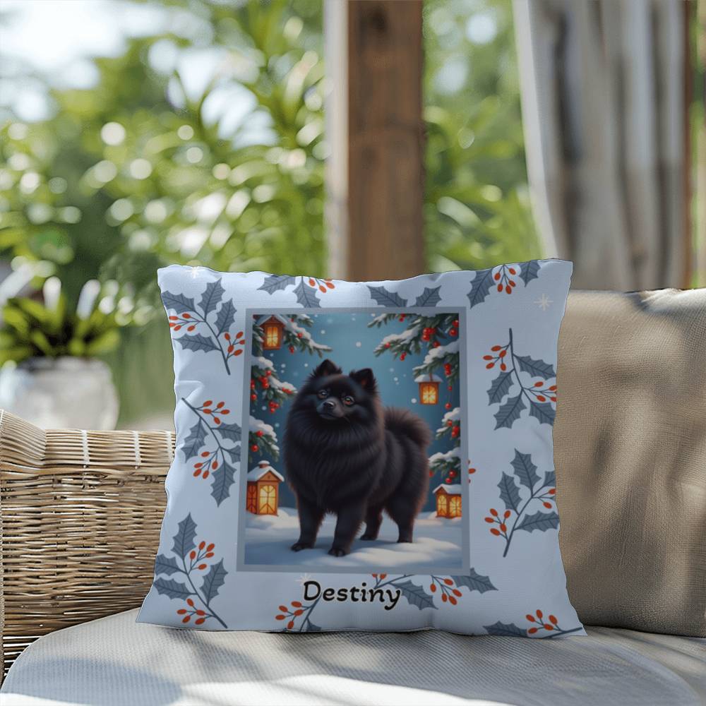 Pomeranian Black Pillow - Fluffy Pom pillow, indoor/outdoor winter dog throw, seasonal accent