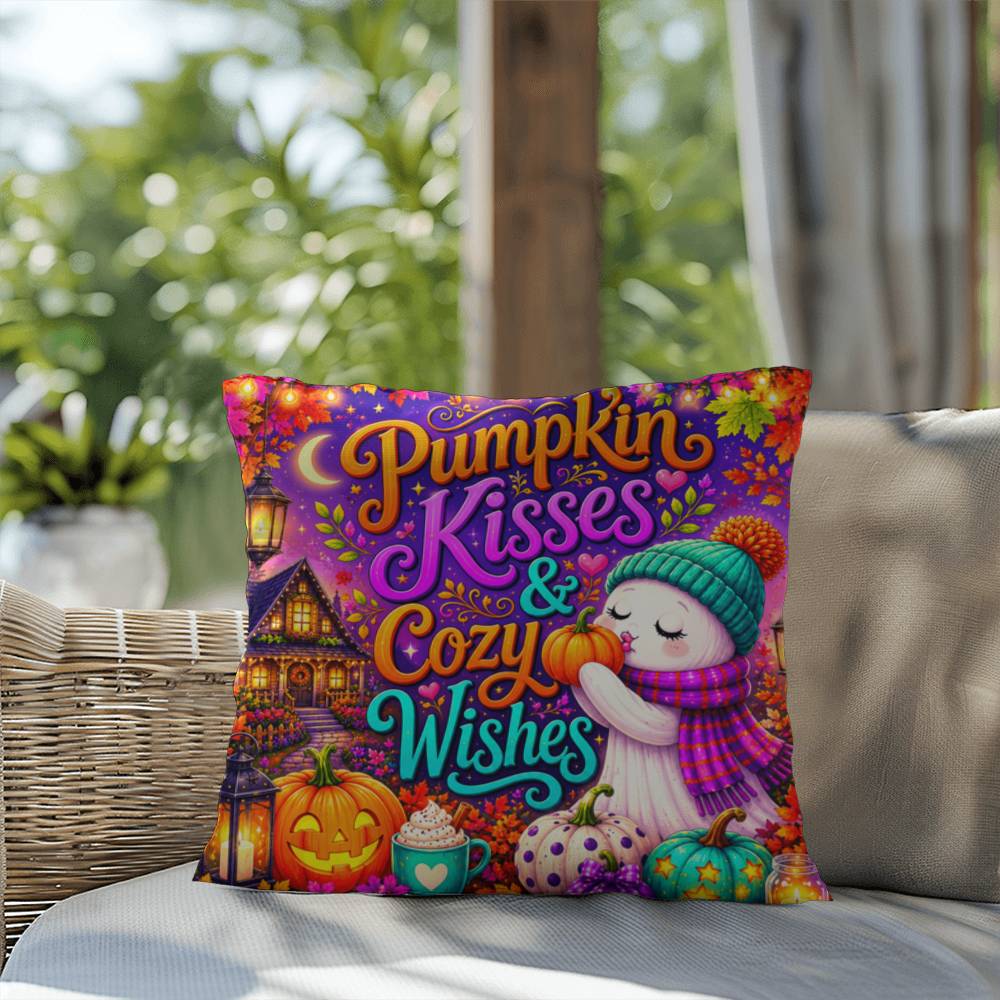 Pumpkin Kisses & Cozy Wishes saying with cute autumn artwork on a Halloween throw pillow