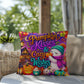 Pumpkin Kisses & Cozy Wishes saying with cute autumn artwork on a Halloween throw pillow